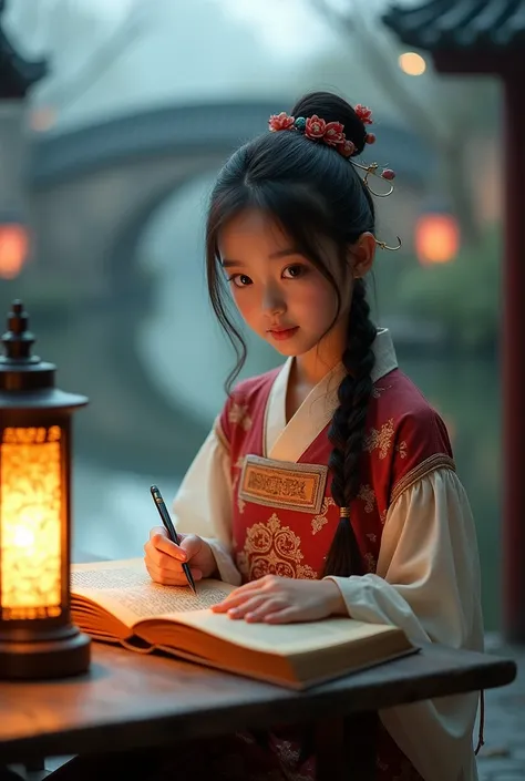 a photo：Shot with Canon EOS camera，A beautiful girl in traditional Chinese clothing in a quiet night，Hangzhou, China, with its small bridges and flowing water，Lakeside，Reading ancient Chinese books under the lamp on the low table。,((She holds a pen in her ...