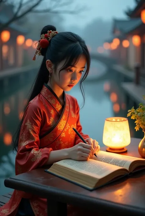 a photo：Shot with Canon EOS camera，A beautiful girl in traditional Chinese clothing in a quiet night，Hangzhou, China, with its small bridges and flowing water，Lakeside，Reading ancient Chinese books under the lamp on the low table。,((She holds a pen in her ...