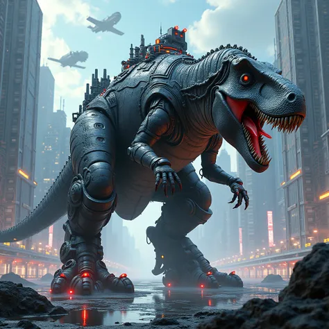 a giant mutant T-Rex fused with an armored futuristic vehicle, intricate cyberpunk details, dynamic manga-inspired illustration, highly detailed metallic armor plates with glowing neon circuits, seamless blend of organic and mechanical elements, large rugg...