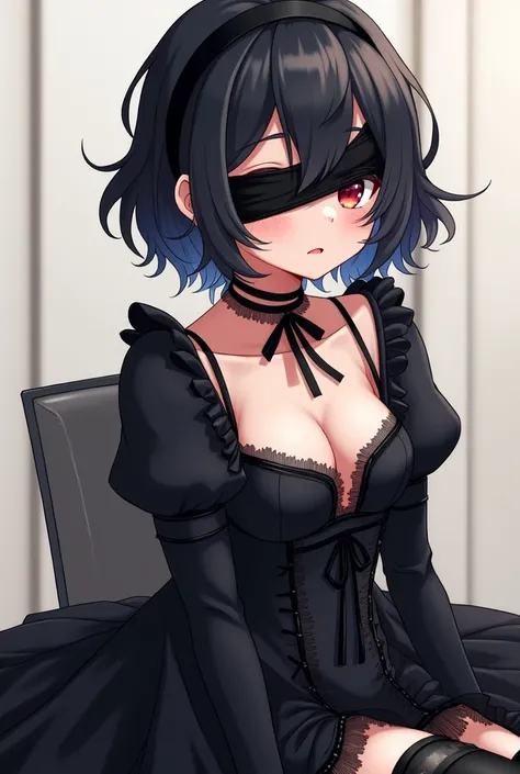 2b, long_sleeves, gloves, dress, cleavage,black_gloves, puffy_sleeves, black_thighhighs, mole, black_dress, clothing_cutout, cleavage_cutout, black_hairband, juliet_sleeves, mole_under_mouth, blindfold, vambraces, covered_eyes, black_blindfold,anime,short_...