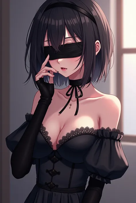 2b, long_sleeves, gloves, dress, cleavage,black_gloves, puffy_sleeves, black_thighhighs, mole, black_dress, clothing_cutout, cleavage_cutout, black_hairband, juliet_sleeves, mole_under_mouth, blindfold, vambraces, covered_eyes, black_blindfold,anime,short_...