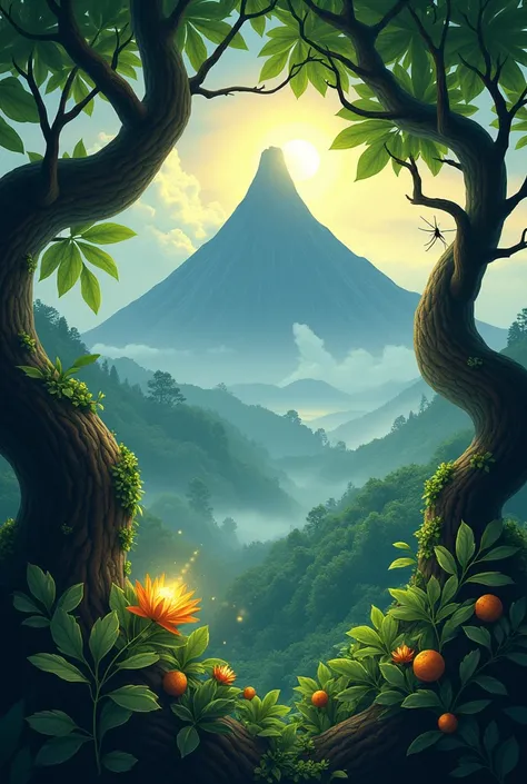 Create a Legend book cover that has a Tamarind plant (Sampalok), Mayon Volcano, Magical flower, and Mosquito