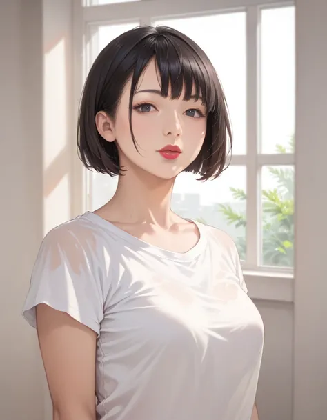 (score_8, score_8_up,score_7_up,masterpiece,highest quality,Perfect Anatomy,Exquisite detailed:1.1)(raw photo,photo realistic:1.3)1 female,Japanese,small eyes,black eyes,black hair,bob cut,red lips