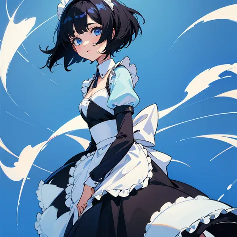 a girl with short black hair in a maid outfit on a blue background