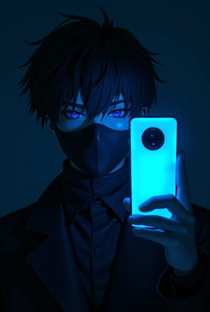 hansome masked anime guy holding a neon blue phone at black background, dark theme, stunning, ultra hd