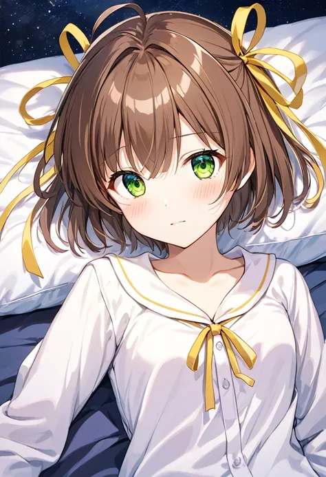 asakuranemu, brown hair, short hair, yellow ribbon in hair, green eyes, Sleepy face, small breasts,blushed, solo,morning,lying on the bed, night waers, look the viewer