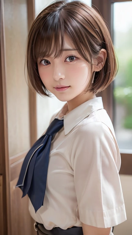 (8k, Photorealistic, RAW Photos, Best image quality: 1.4), Japanese schoolgirl、Short Bob、Super detailed face、Eye on the details、double eyelid、Sharp focus:1.2、Beautiful woman:1.4、Light brown hair、Highest quality、masterpiece、Ultra-high resolution、(Photoreali...