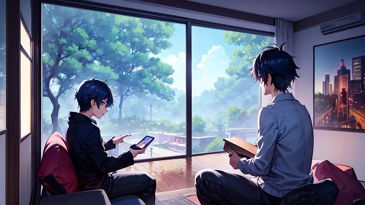 there is a man sitting on a couch in a living room and looking at the window, the anime apartment, anime apartment, small anime bedroom at night, calm night. digital illustration, relaxing concept art, anime teenager bedroom, stylized urban fantasy artwork...