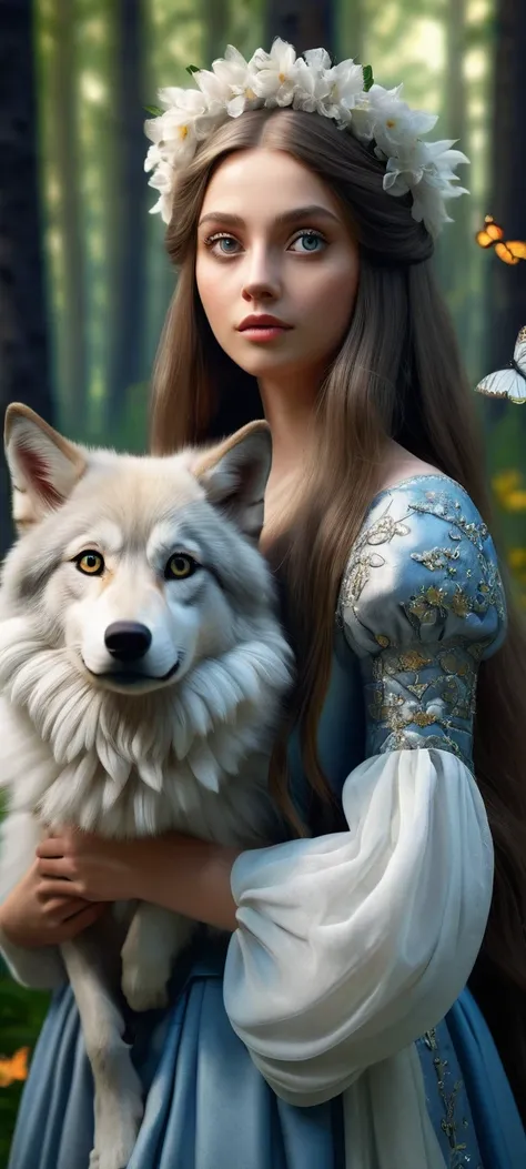 Girl with long hair and big eyes, in a medieval dress, It is in a forest full of flowers, trees and butterflies. Next to her is a wolf with silky white fur.. 3D rendering. 3D rendering, 4K quality, UHD and HDR.