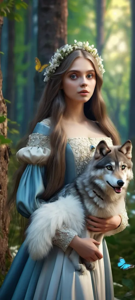 Girl with long hair and big eyes, in a medieval dress, It is in a forest full of flowers, trees and butterflies. Next to her is a wolf with silky white fur.. 3D rendering. 3D rendering, 4K quality, UHD and HDR.