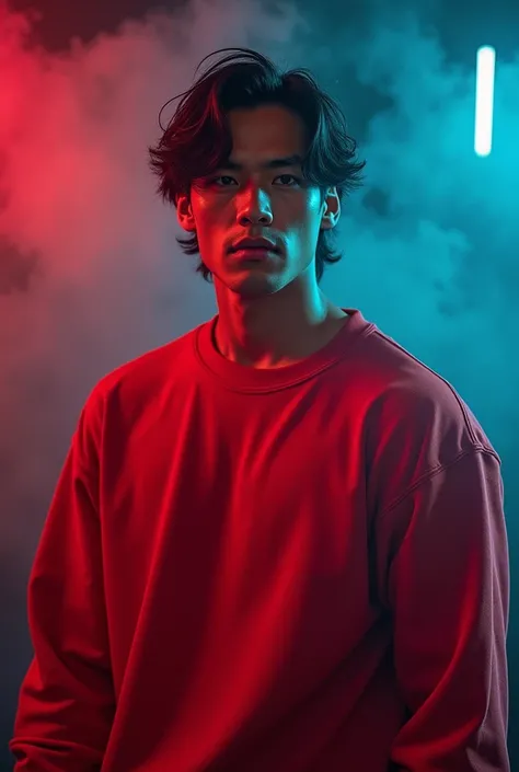 A good looking handsome guy in a red sweatshirt and black long man hair, good looking, Red and blue smoke background 