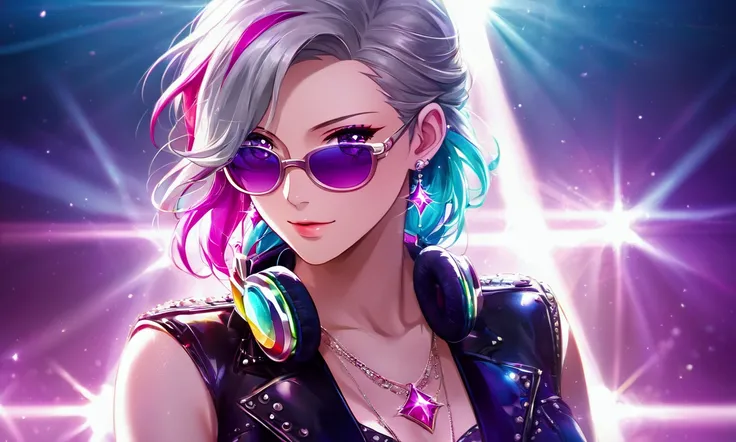 A woman playing DJ,sunglasses,headphone,Surrounded by equipment,(((live house))),(((Dazzling Spotlight))),On stage,chromatic aberration, depth of field,Punk Fashion,Leather material,silver accessories, ((masterpiece, Highest quality, Highly detailed CG, un...