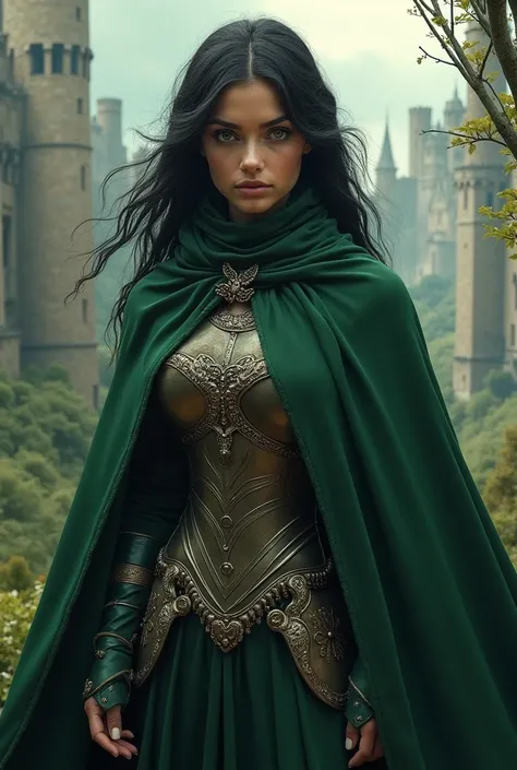 (BD style) (medieval fantasy) beatifull young woman, black hair, green cape, metal armor under the cape