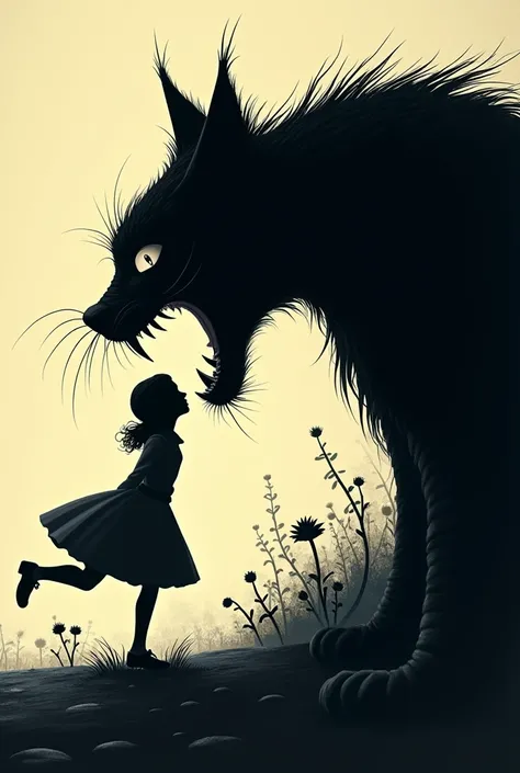 "Illustration in the style of Olly Moss, featuring a side view of the Cheshire Cat from Alice in Wonderland. The cats mouth is wide open, with a mischievous grin, as it devours Alice. Alice is partially inside the cats mouth, with her silhouette visible ag...