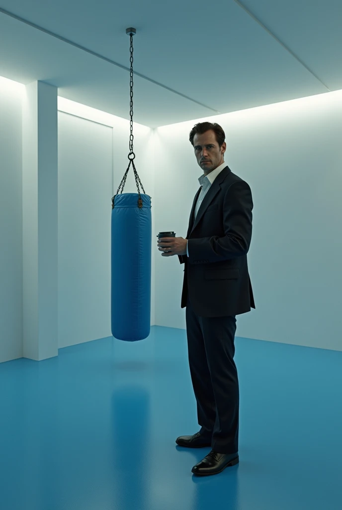 leon (The Professional) In a white-walled gym, blue vinyl flooring , next to a blue punching bag, holding a cup of coffee, at dawn 