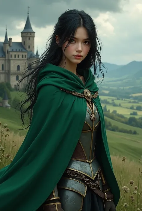 (Kentaro miurastyle) (medieval fantasy) beatifull young woman, black hair, green cape, metal armor under the cape