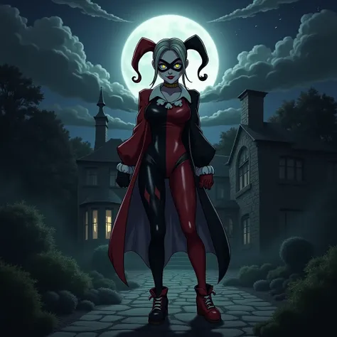 Harley quinn with joker dark aesthetic background at night in villa in anime version 