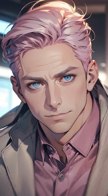 (best quality,4k,8k,highres,masterpiece:1.2),ultra-detailed,(realistic,photorealistic,photo-realistic:1.37),1 man,3,mature man,very handsome,without expression,smile,short grey pink hair,blue eyes,penetrating gaze,perfect face without errors,imposing postu...