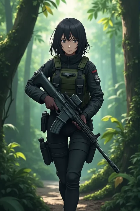 A dark hair realistic Anime soldier girl looking ready to kill, caring a machinegun and usin a black military combat uniform while walking in a jungle