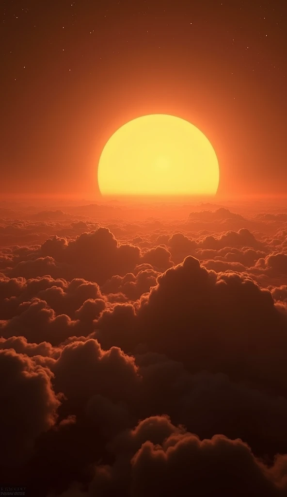 "The Backward Sunrise on Venus": Visualize Venus surface with a surreal sunset or sunrise scene where the Sun is rising in the west and setting in the east. The sky can be filled with thick clouds and the Sun glowing faintly through them. Capture the stran...