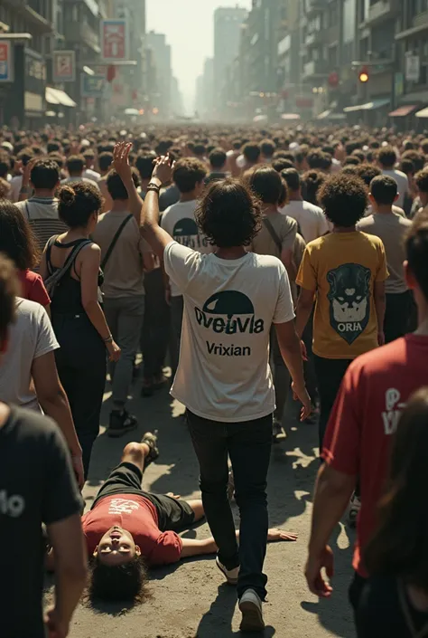 crowd of brainless pinoy people walking and raising hands, with shirt written "vrixian" . looking drunk and high with narcotics . some are lying the floor, some looking inlove and delusional