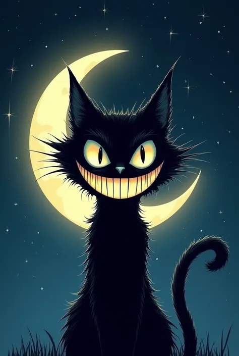 Create an illustration of the Cheshire Cat smiling, blending seamlessly into the crescent moon. The cats eyes and wide grin should be prominent, with the rest of its body fading into the shadows, creating a mysterious and whimsical effect. The style should...