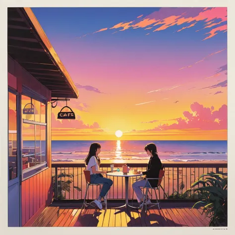 (masterpiece, best quality:1.1),90s record cover art,city-pop,title of the song is "end of summer",end of summer,cafe,wood deck,fashionable 2girls Profile,joy,seaside,sunset, inspired by Hiroshi Nagai cmyk palette,illustration by Hisashi Eguchi,(white outl...