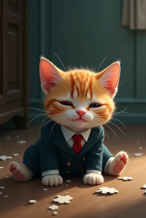 Depicts a kitten wearing a suit collapsed from exhaustion。The kitten is lying on the floor in a suit、A sense of helplessness and fatigue is evident in their expressions.。The kitten&#39;s eyes are half-open、Weakly「help me」It seems to be pleading。The backgro...