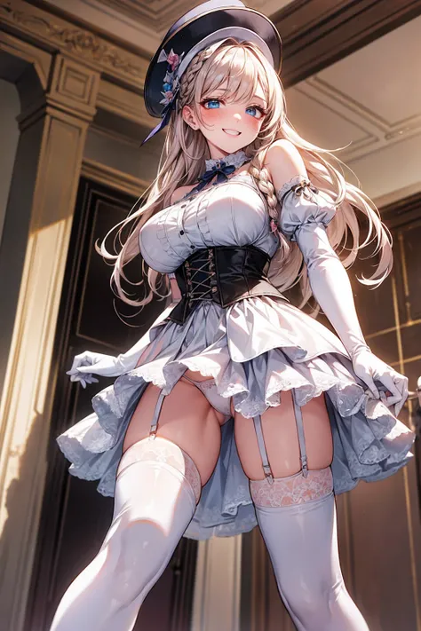 masterpiece, Highest quality, One person, Sariel, Heterochromia iridis, Braided bangs, indoor, Ruler, O-ring top, corset, Peaked Hat, White panties, Thigh-high boots, Huge breasts, Grin, blush, From below, whip 、long gloves up to the elbow、garter belt