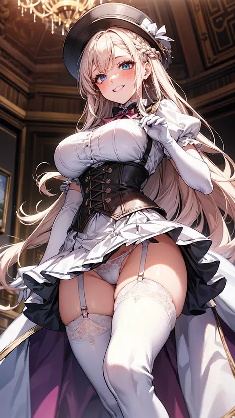 masterpiece, Highest quality, One person, Sariel, Heterochromia iridis, Braided bangs, indoor, Ruler, O-ring top, corset, Peaked Hat, White panties, Thigh-high boots, Huge breasts, Grin, blush, From below, whip 、long gloves up to the elbow、garter belt