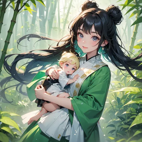 A chibi child girl had a small face and Wearing white little Taoist priests outfit. A pair of big round eyes shone with curiosity about him. This child was so cute! ,her hair is black with two buns on her hair.small chibi, chibi baby, smiling,The little ch...