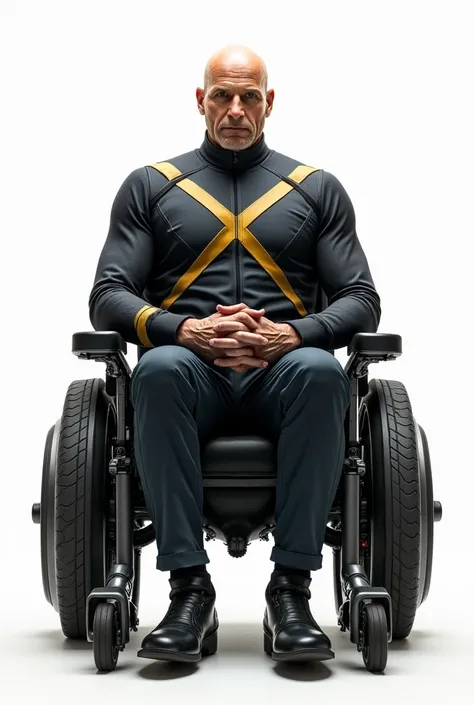 Created the Prophet Charles Xavier from the X-Men story. Put on Team X-Mens uniform. Sitting in a high-tech wheelchair on a white background