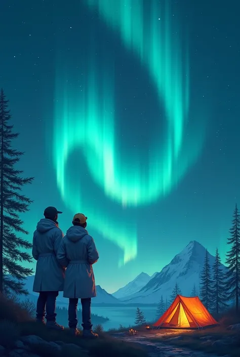 Image containing 90% Arora Borealis alongwith a corner having two friends watching the northern lights and living their best moments of life , show both the friends in a scientist attire but they should cover just 5% of image and please show adults not kid...