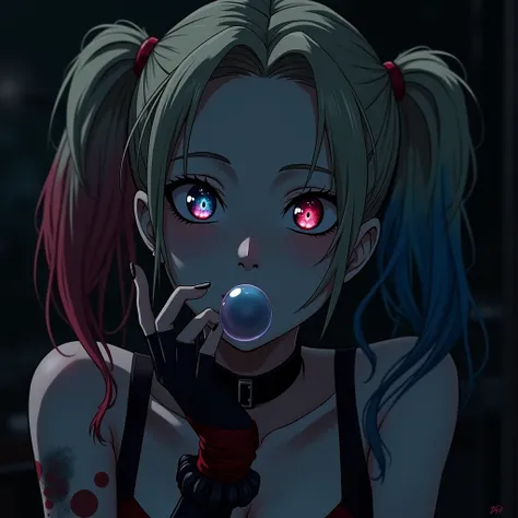 Harley quinn with joker dark aesthetic background at night in her house close up shot in anime version blowing her chewingum on her mouth