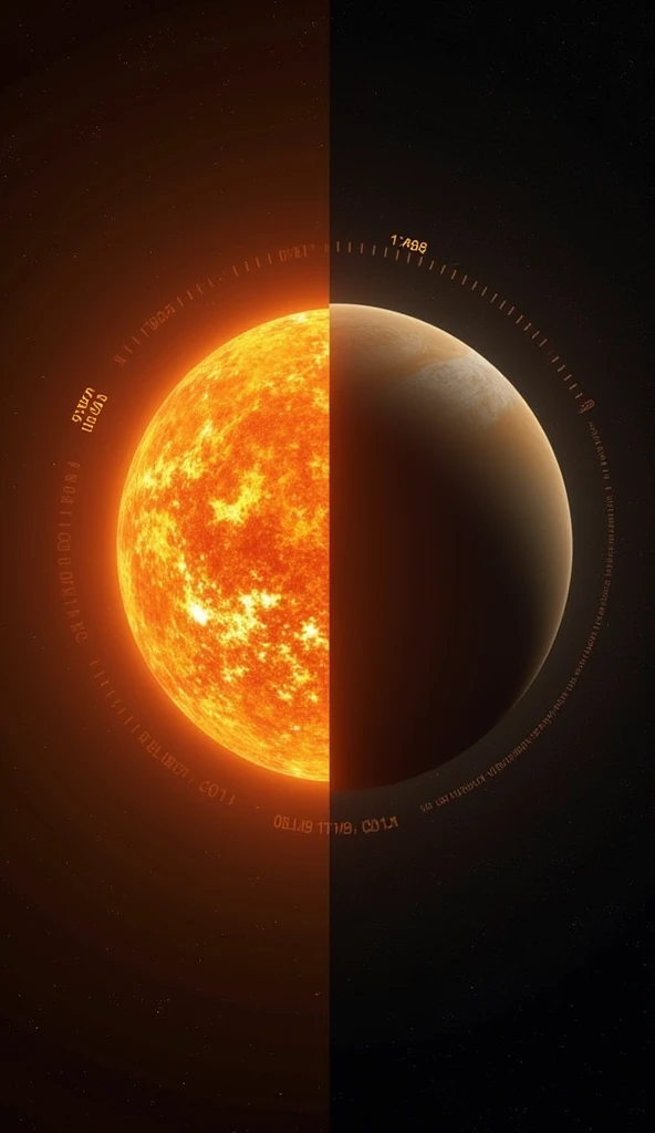 A Day Outlasting a Year on Venus": Create a split-screen image that shows both Venus’ slow rotation and its orbit around the Sun. On one side, show a close-up of Venus slowly turning, with exaggerated time indicators, while on the other, Venus moves swiftl...