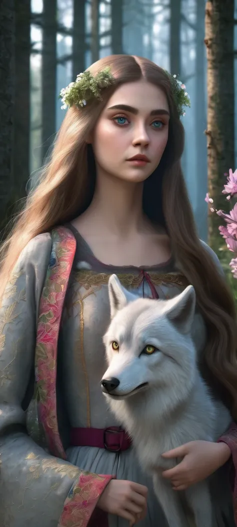 Girl with long hair and big eyes, in a medieval dress, It is in a forest full of flowers, trees and butterflies. Next to her is a wolf with silky white fur.. 3D rendering. 3D rendering, 4K quality, UHD and HDR.