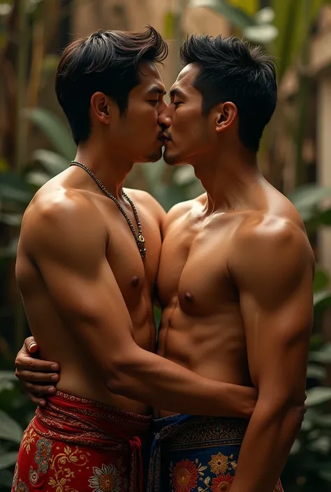 Two   thai men french kissing  each other wearing traditional thai clothes