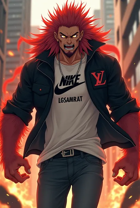 Make a handsome anime with slim body in  rage and beast mode in jeans and Nike sneakers and black louis vuitton jacket  underneath of it a Nike white coloured tshirt with LGSamrat as written and black and white Nike sneakers 
