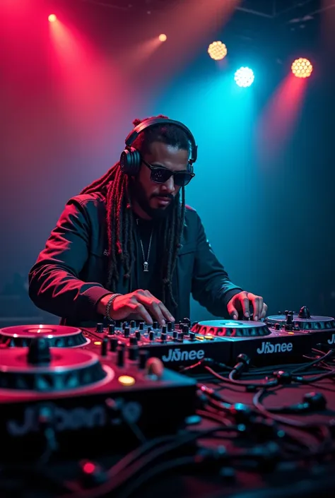 A man playing DJ,sunglasses,headphone,Surrounded by equipment,Black,Dreadlocks,(((live house))),(((Dazzling Spotlight))),On stage,chromatic aberration, depth of field,Reggae Style, ((masterpiece, Highest quality, Highly detailed CG, unity 8k wallpaper )),(...