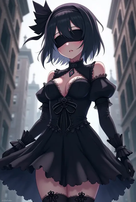 2b, long_sleeves, gloves, dress, cleavage,black_gloves, puffy_sleeves, black_thighhighs, mole, black_dress, clothing_cutout, cleavage_cutout, black_hairband, juliet_sleeves, mole_under_mouth, blindfold, vambraces, covered_eyes, black_blindfold,anime,short_...