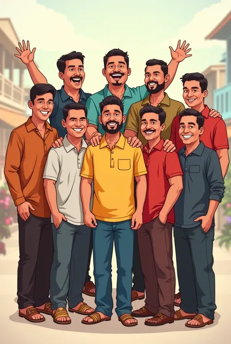 Create a cartoon-style illustration featuring 11 Indonesian men posing together for a group photo. One of the men should be depicted with a larger, more robust body, adding a humorous and friendly touch to the scene. Each character should have distinct Ind...