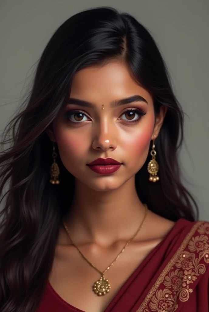 Indian girl in traditional dress with deep maroon lipstic and eyeliner with open long hair 