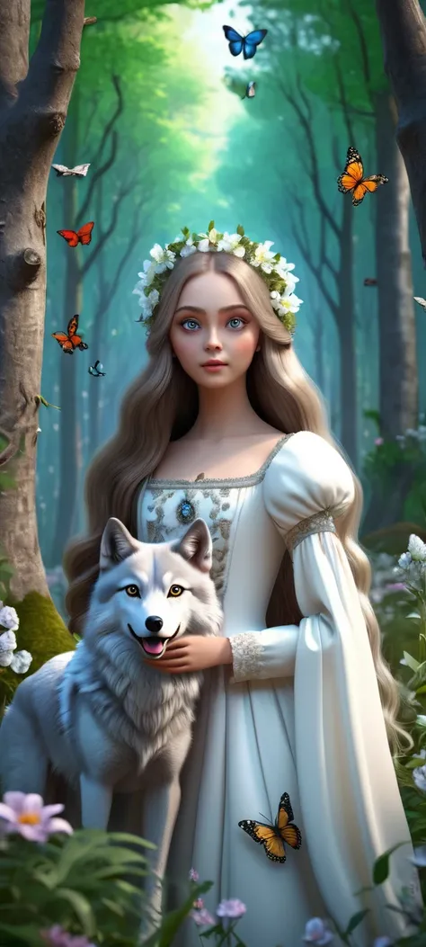 Girl with long hair and big eyes, in a medieval dress, It is in a forest full of flowers, trees and butterflies. Next to her is a wolf with silky white fur.. 3D rendering. 3D rendering, 4K quality, UHD and HDR.