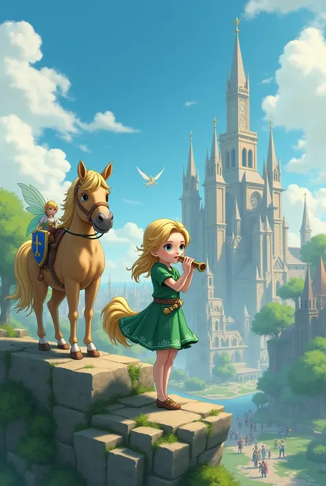 A white blonde anime girl with a green tunic and a green skirt with a fairy and a baby horse with a sword and shield on her back playing an ocarina on top of a rock and in the background an ancient city with a large clock full of people.