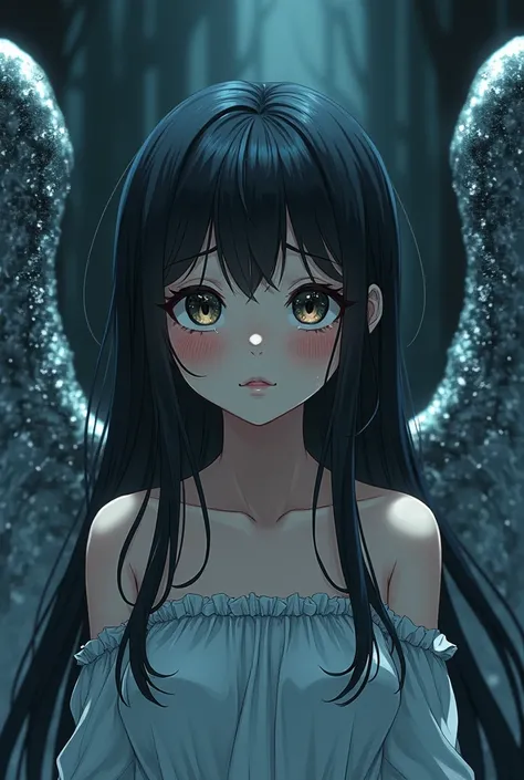 A girl with tear-stained cheeks, her wings made of liquid metal, a fallen angel in a world of sadness. Rendered in a stunning anime style, her tears glisten like diamonds against the dark backdrop. Will you bring her to life in a hand-drawn masterpiece cam...