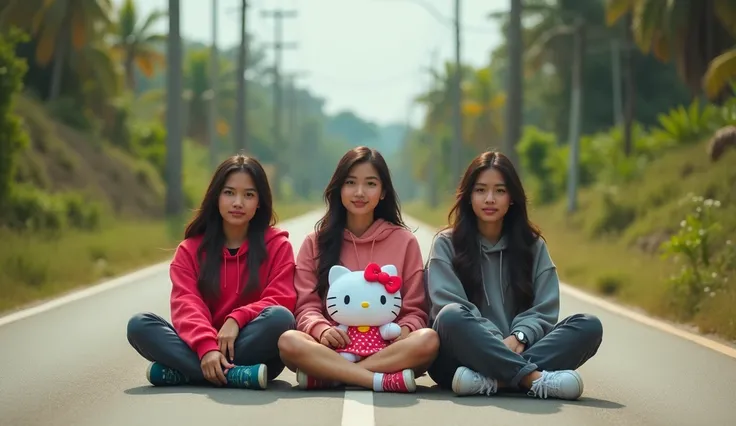 3 beautiful Indonesian adult women with slightly fat bodies, loose hair, big nose, wear a hoodie, long pants, wear sneakers, sit down, all faces facing the front camera, sit down, hand holding a hello kitty doll, in the middle of the village road, beautifu...