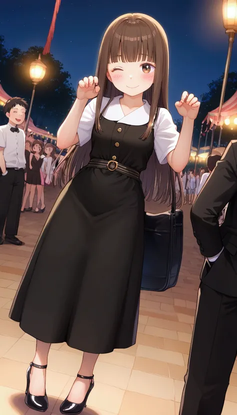 {Highest quality}, {so beautiful},{Ultra-fine},{Best illustrations},Brown Hair,Hime cut,Long Hair,Braiding,One Woman,Standing woman,Adult female,smile,Ecstasy face,Wink,OL,suit,White Shirt,Short sleeve,Black straight long skirt,Night Festival,blush,thin,Bl...