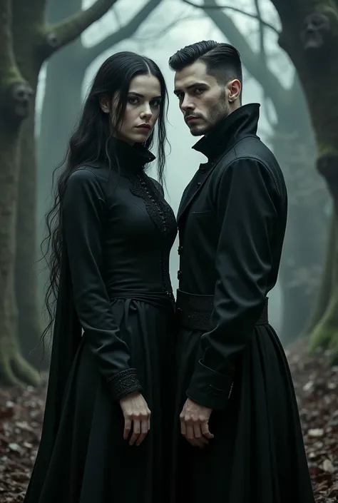 make two twin brothers, a girl and a boy, they are .
black hair she has long hair and he has short hair, black eyes pale white skin, she wears a black dress, and he wears black period mens clothing, they need to be intimidating
They are two wizards from th...