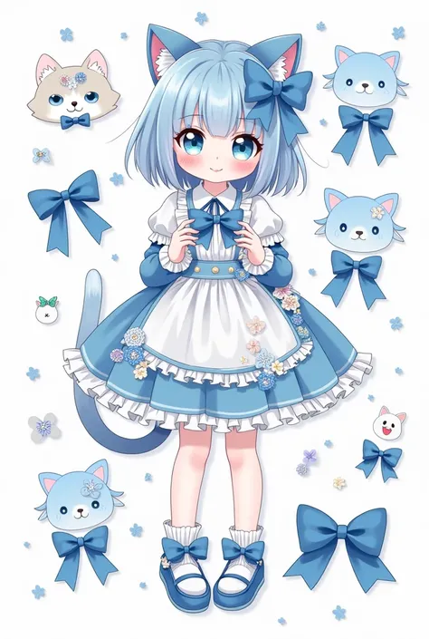 Character reference sheet, girl cat decora fashion catgirl kawaii blue and white 