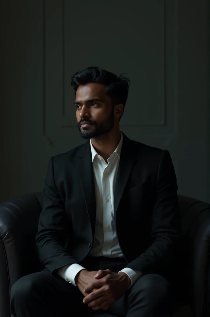 A Bangladeshi man setting in a dark room. 
He wearing black suit and white shirt. 